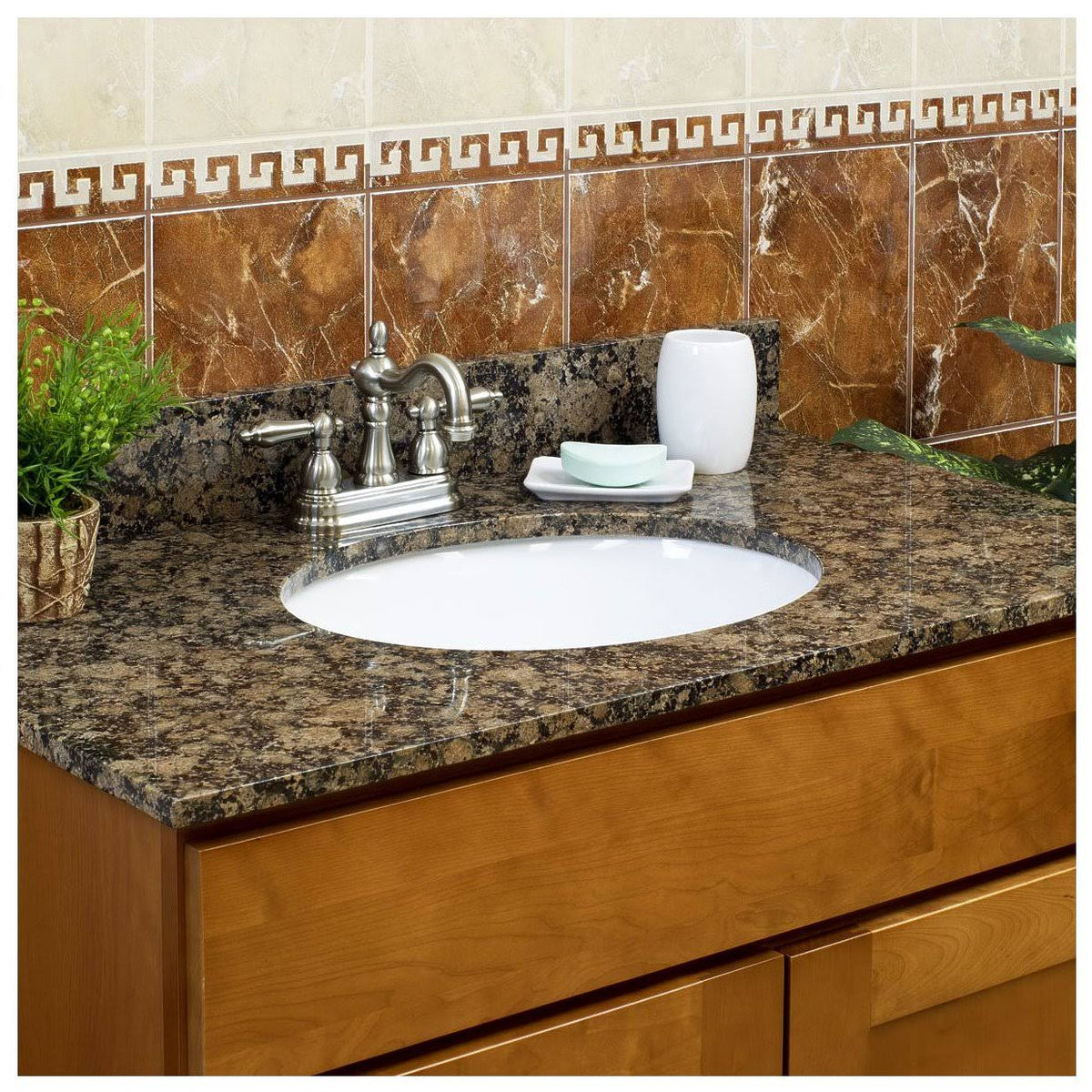 Baltic Brown Granite Vanity Top 25 in x 22 in with Backsplash 8 in Spread H74325