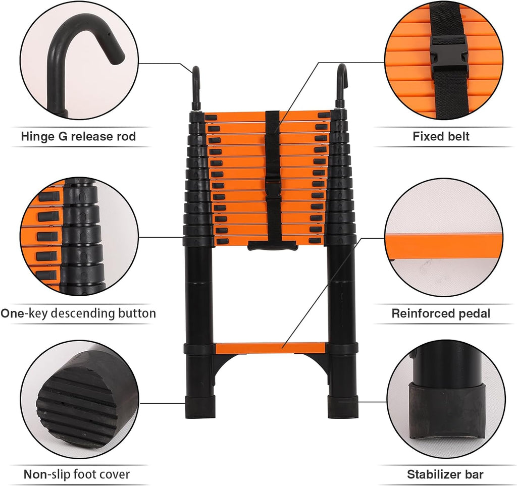 Telescoping Ladder 10.5 FT Aluminum with 2 Detachable Roof Hooks and 2 Triangle Stabilizers E7220