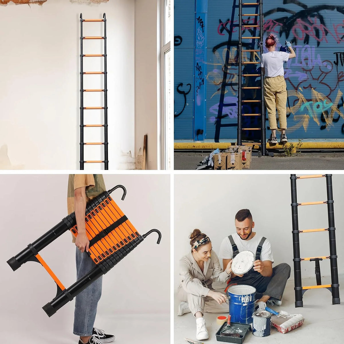 Telescoping Ladder 10.5 FT Aluminum with 2 Detachable Roof Hooks and 2 Triangle Stabilizers E7220