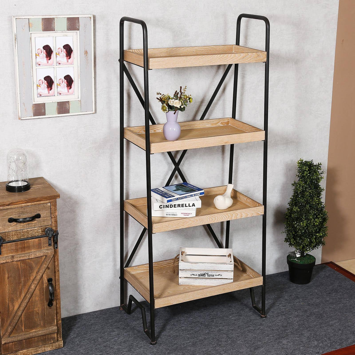 63in. H Wood and Metal Etagere Bookcase Q673