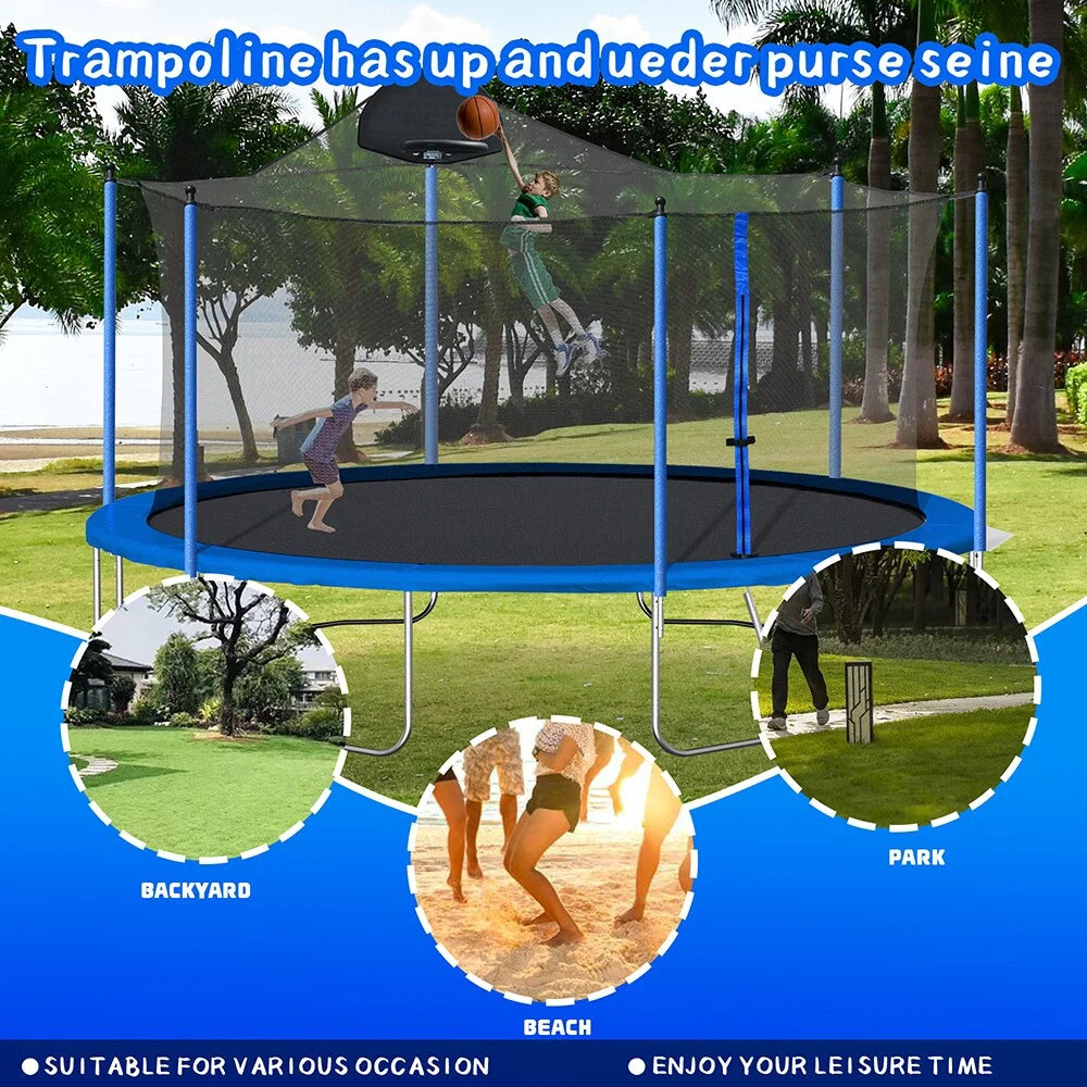14FT Trampoline with Basketball Hoop, Safety Enclosure Net & Ladder, Blue C300