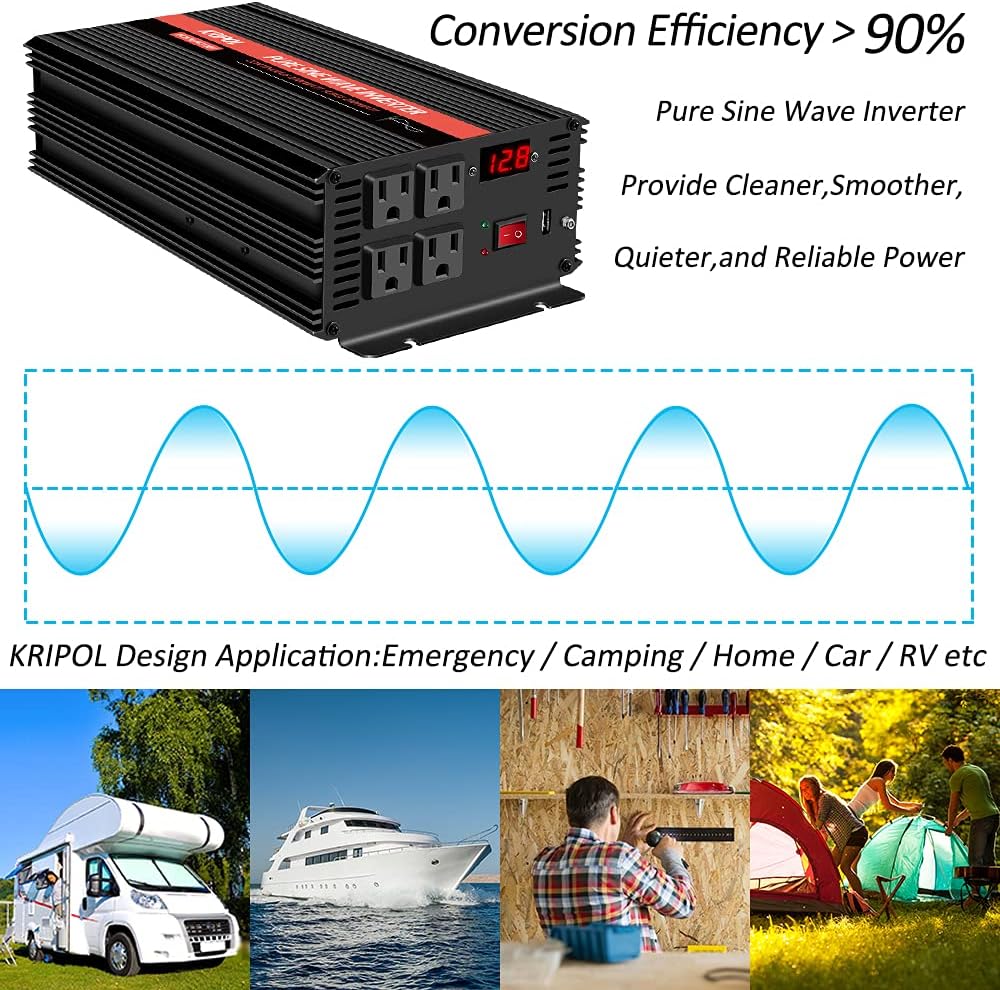 2000 Watt Pure Sine Wave Power Inverter 12V DC to 110V AC with 4 AC Outlets and USB Output Y6033