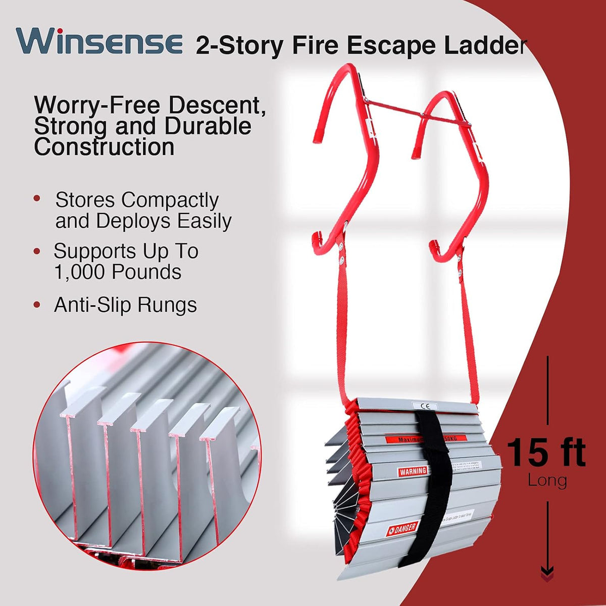 Retractable Fire Escape Ladder 15 Foot with Aluminum Steps Y151271