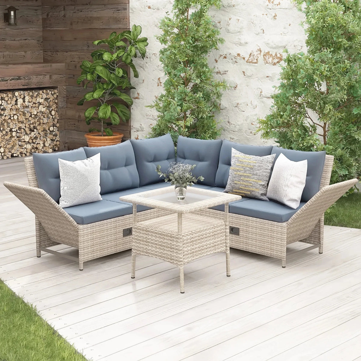 4-Piece PE Wicker Rattan Sofa Set with Adjustable Backs X7656