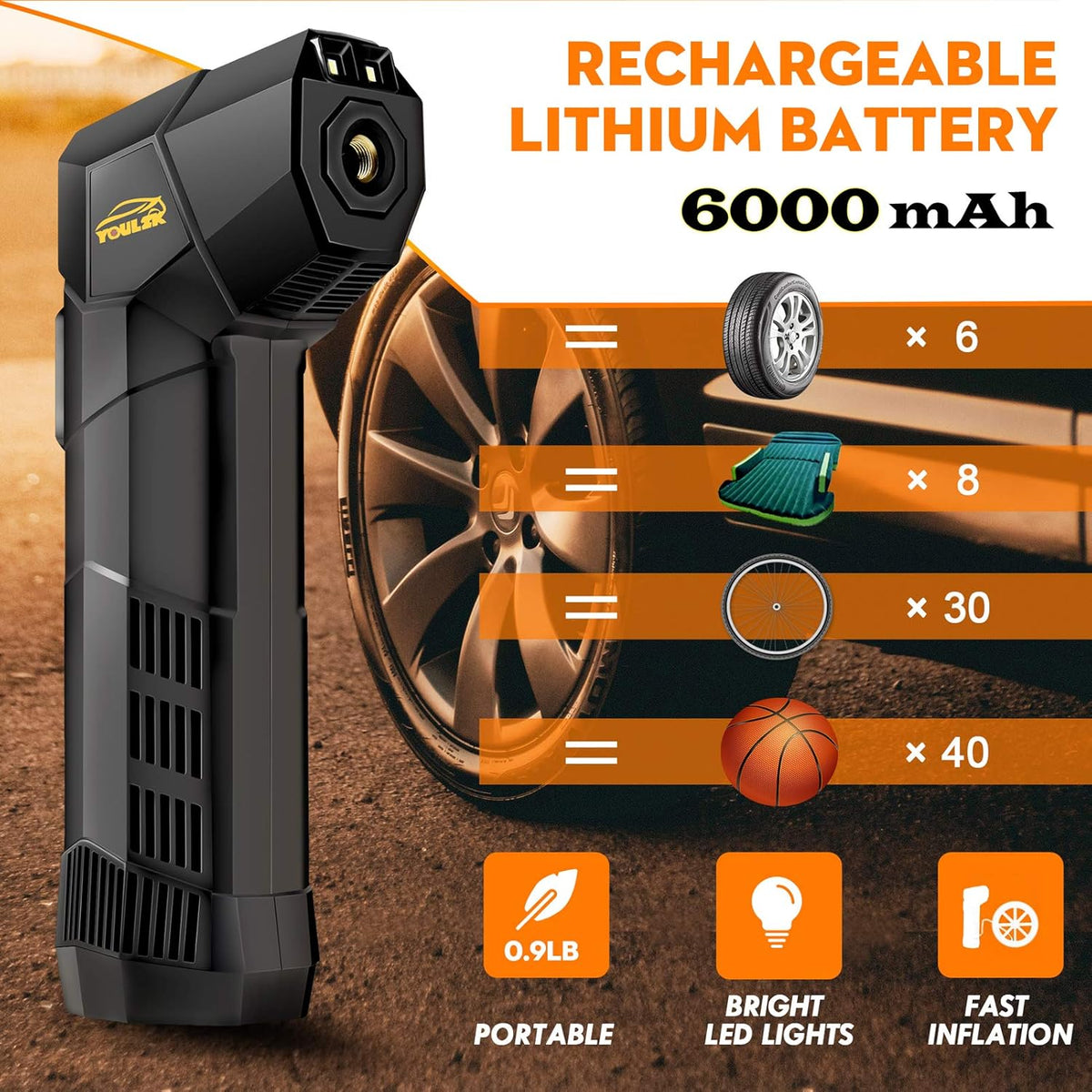Electric Handheld Tire Inflator, 6000mAh Rechargeable Cordless Bike Pump, Digital Display, Pack of 2 C15174