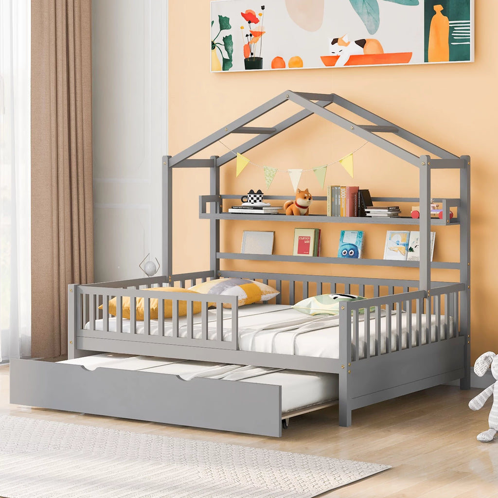 Gray Wood Twin House Bed with Trundle E26958