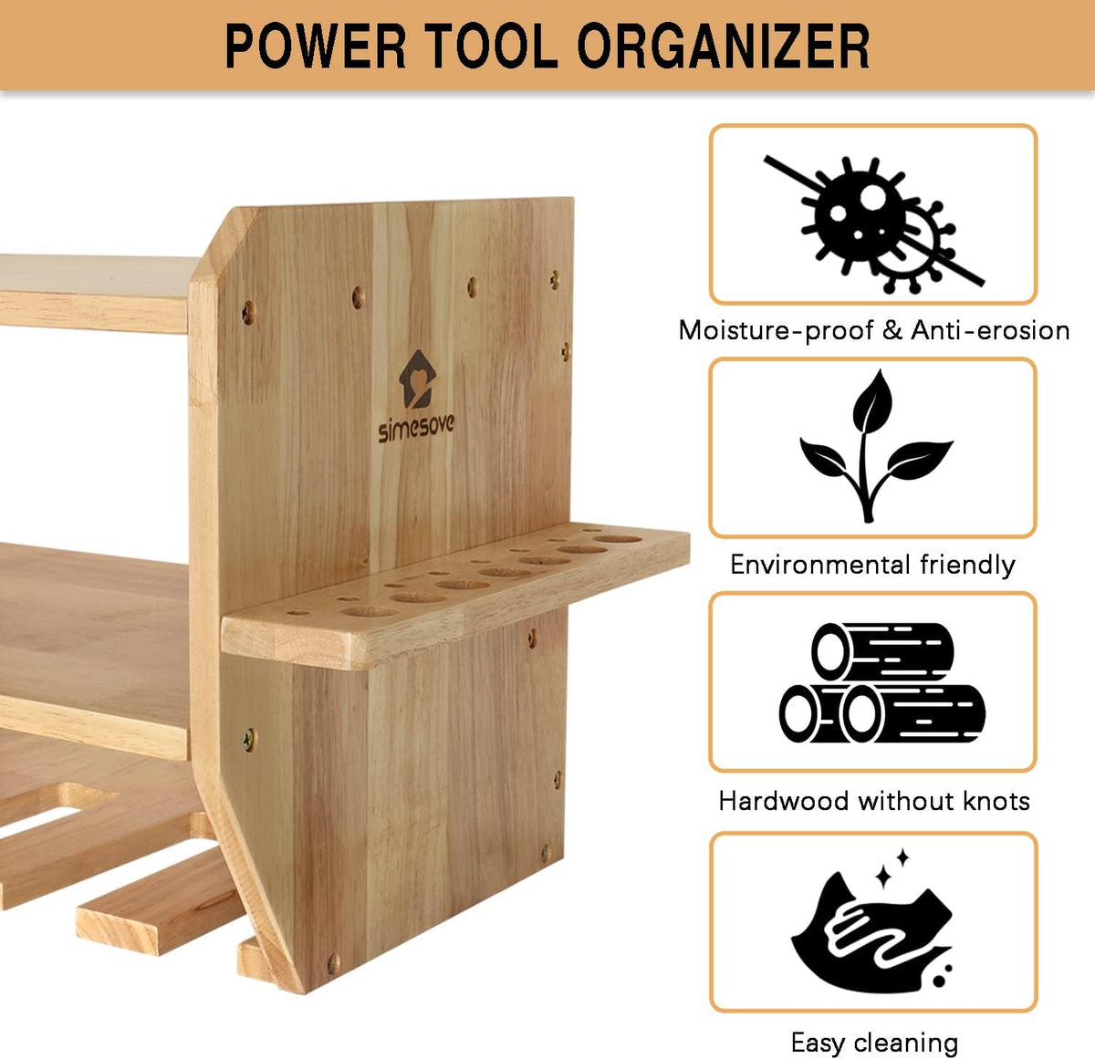 Large Power Tool Organizer, Drill Holder Storage Wall Mounted, 12 Tool Organizer Slots, Solid Wooden Drill Charging Station S203