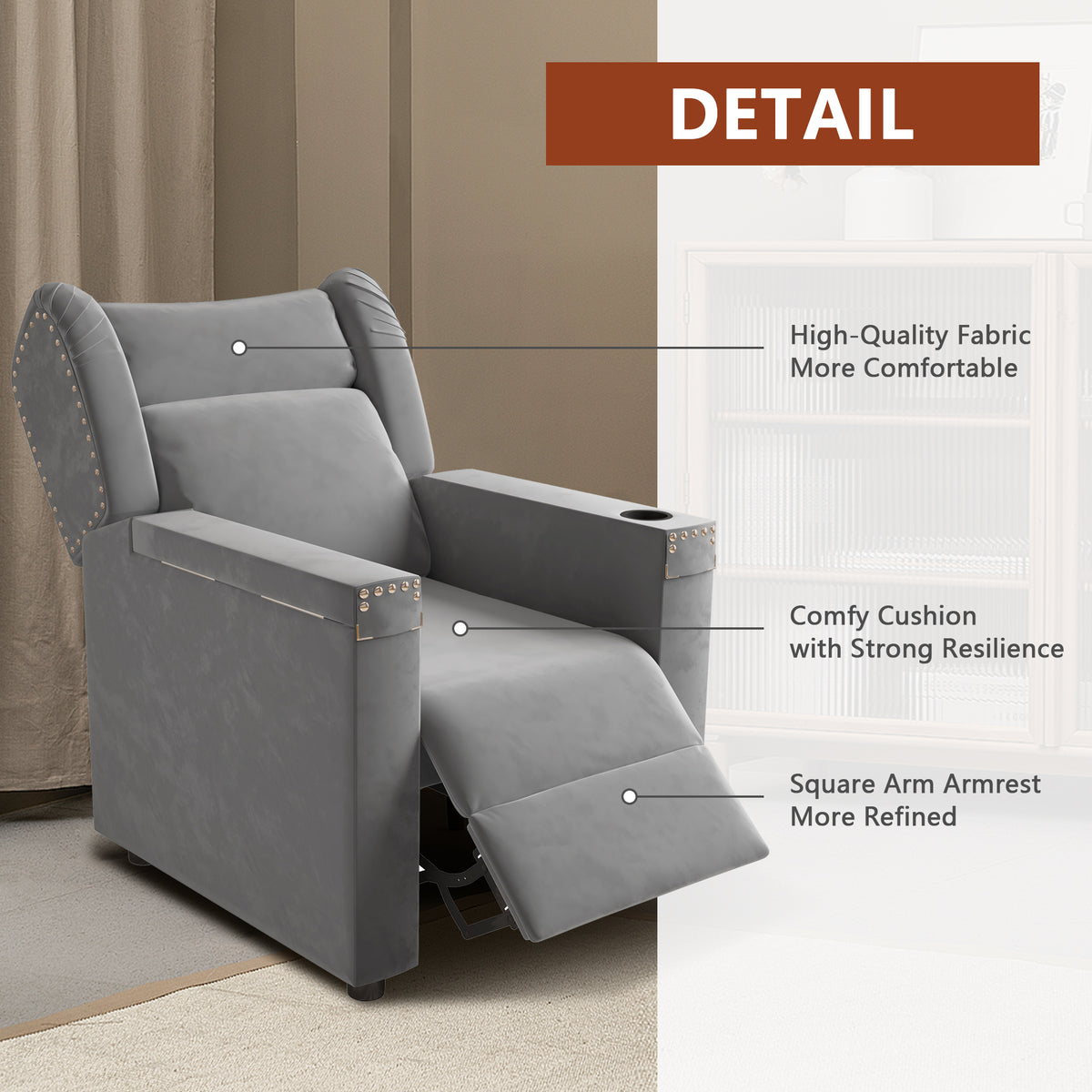 Gray Velvet Recliner Chair with Cup Holder and Table F6759