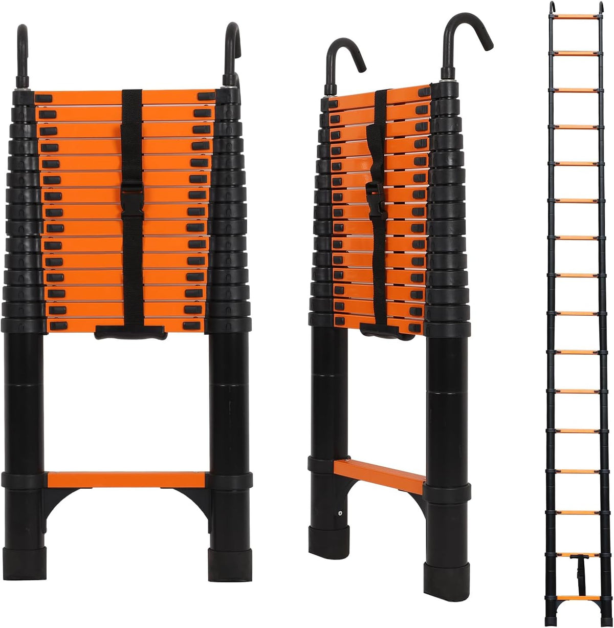 Telescoping Ladder 10.5 FT Aluminum with 2 Detachable Roof Hooks and 2 Triangle Stabilizers E7220