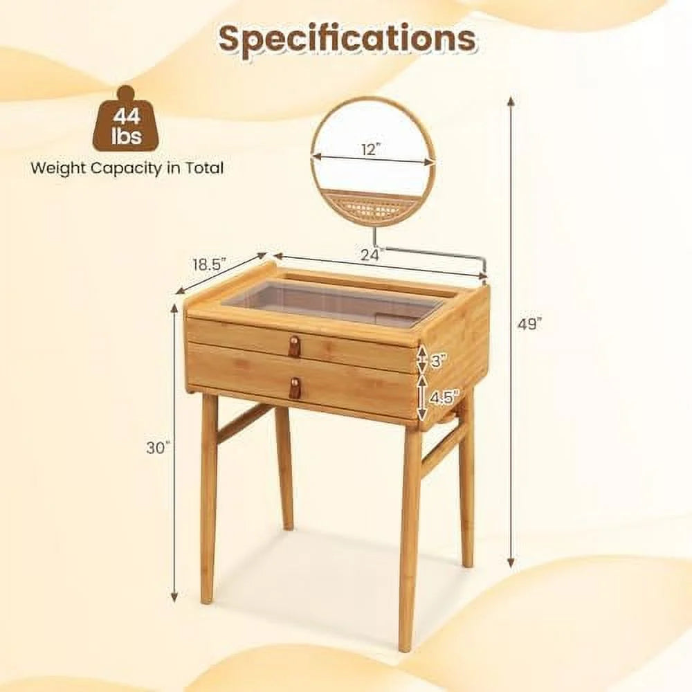 Vanity Desk with Rotating Mirror 2 Drawers Tempered Glass Tabletop D356
