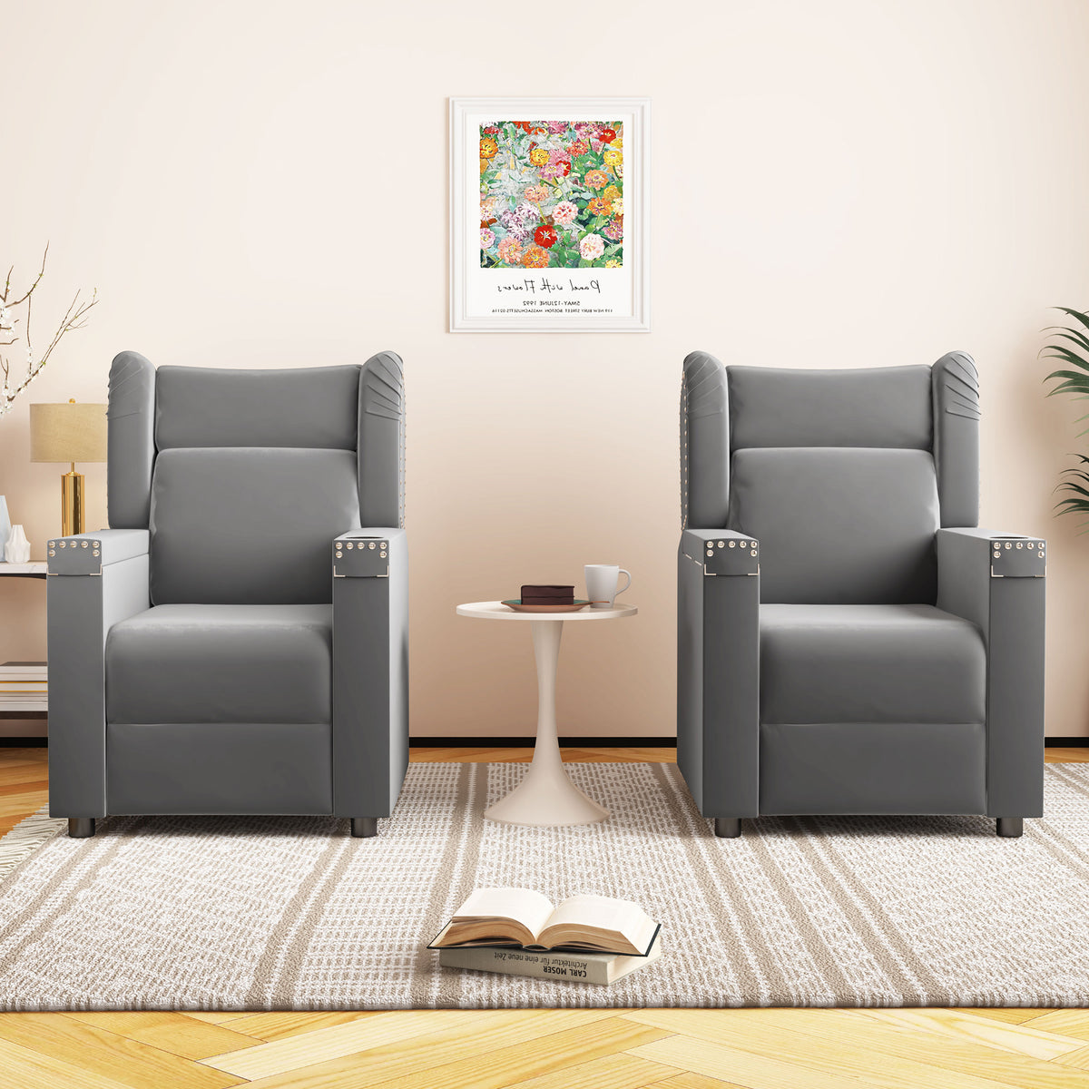 Gray Velvet Recliner Chair with Cup Holder and Table F6759