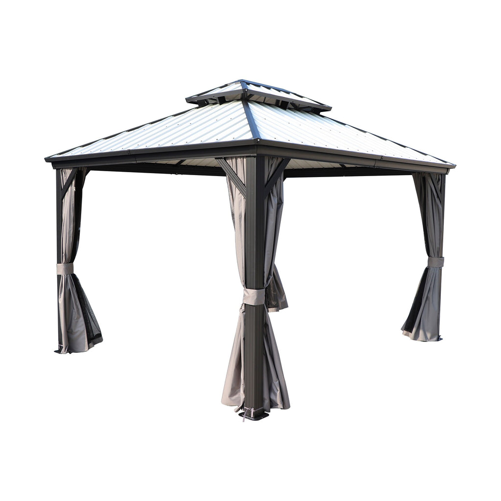 Grey Hardtop Gazebo with Steel Roof, Netting and Curtain 10' x 12' P439