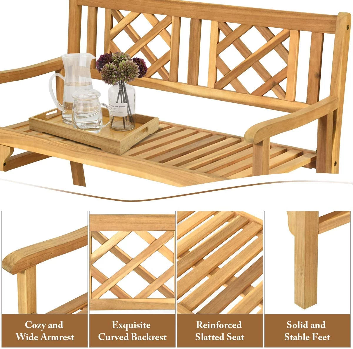 4 Ft Foldable Acacia Wood Bench with Backrest and Armrest L554