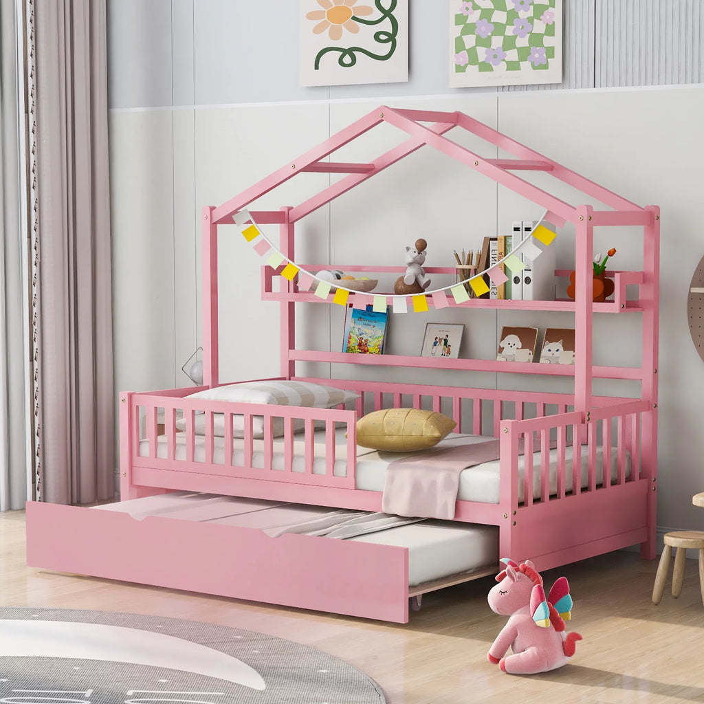 Gray Wood Twin House Bed with Trundle E26958