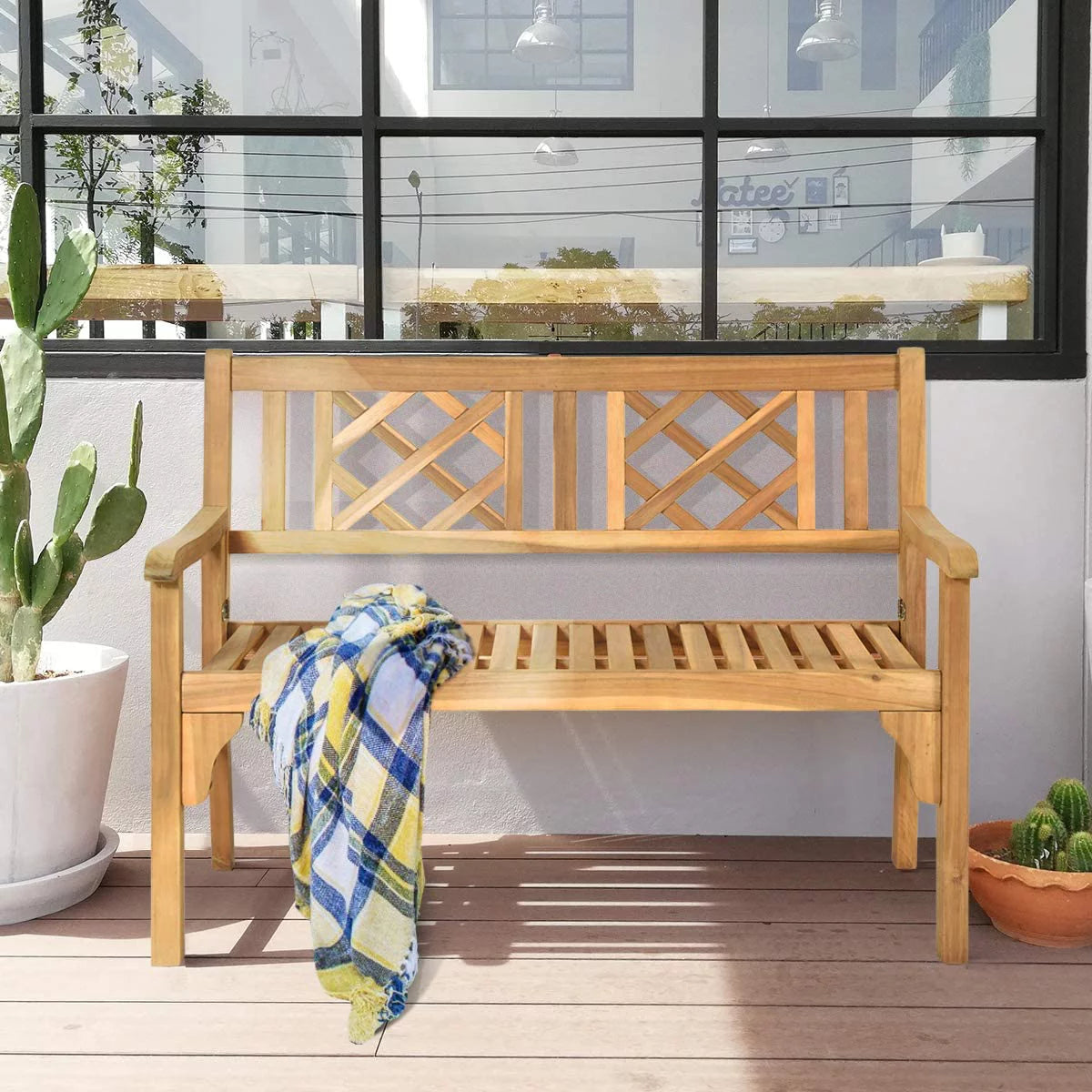 4 Ft Foldable Acacia Wood Bench with Backrest and Armrest L554