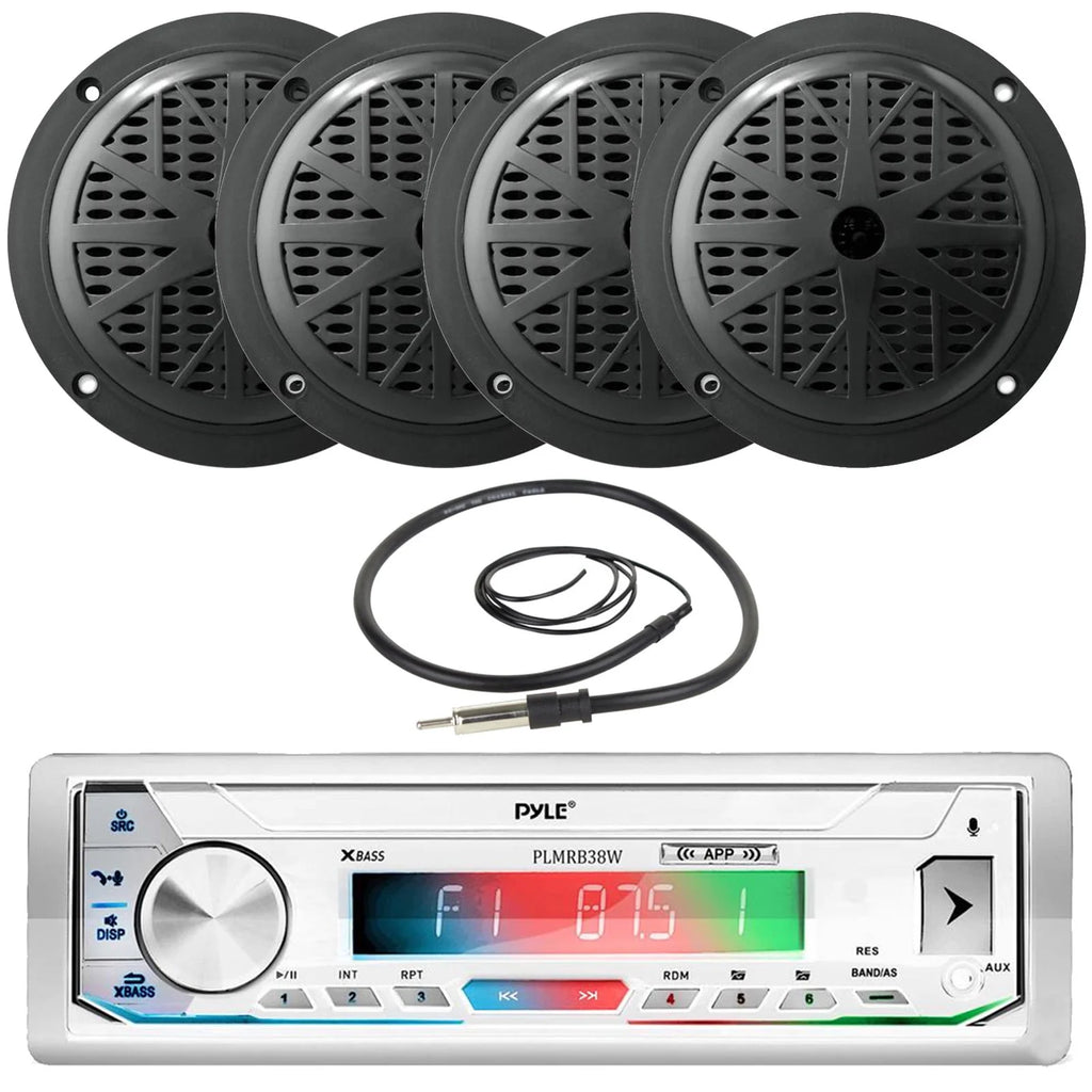 White Single DIN Marine Stereo Receiver with 2 Pairs of 5.25'' Waterproof Marine Speakers K390788