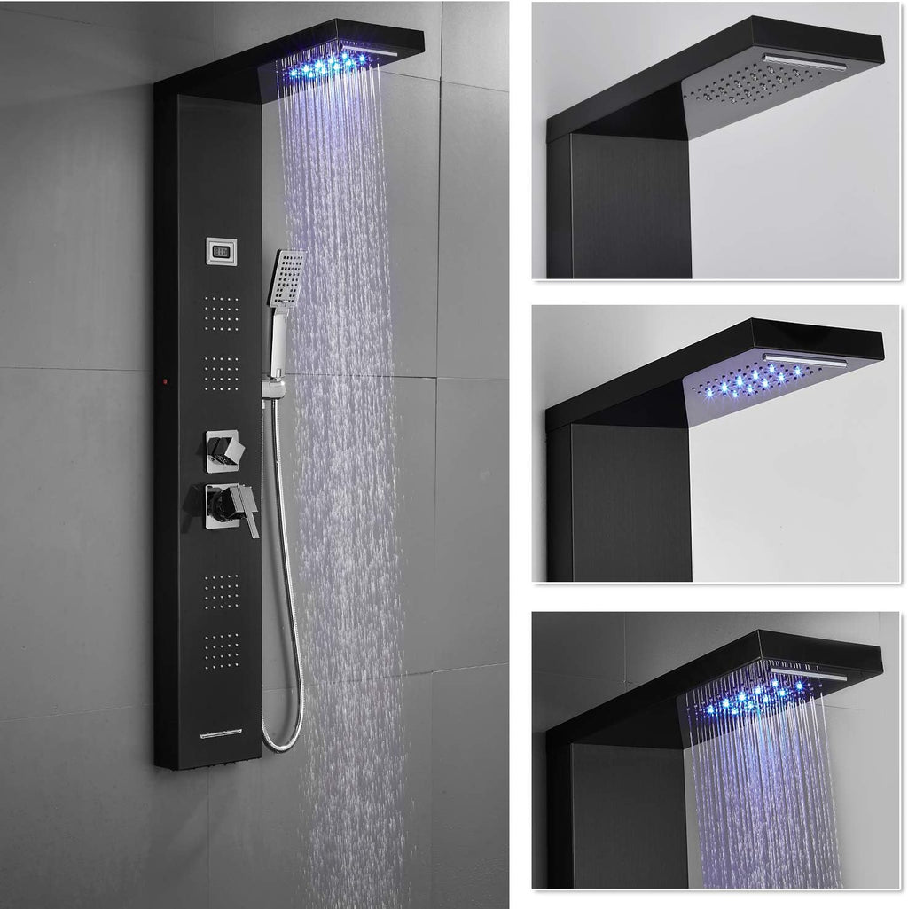 Stainless Steel Shower Panel Tower System with LED Rainfall Shower Head, Handheld Shower Head, 4 Body Jets, Tub Spout, Water Temperature Display N986