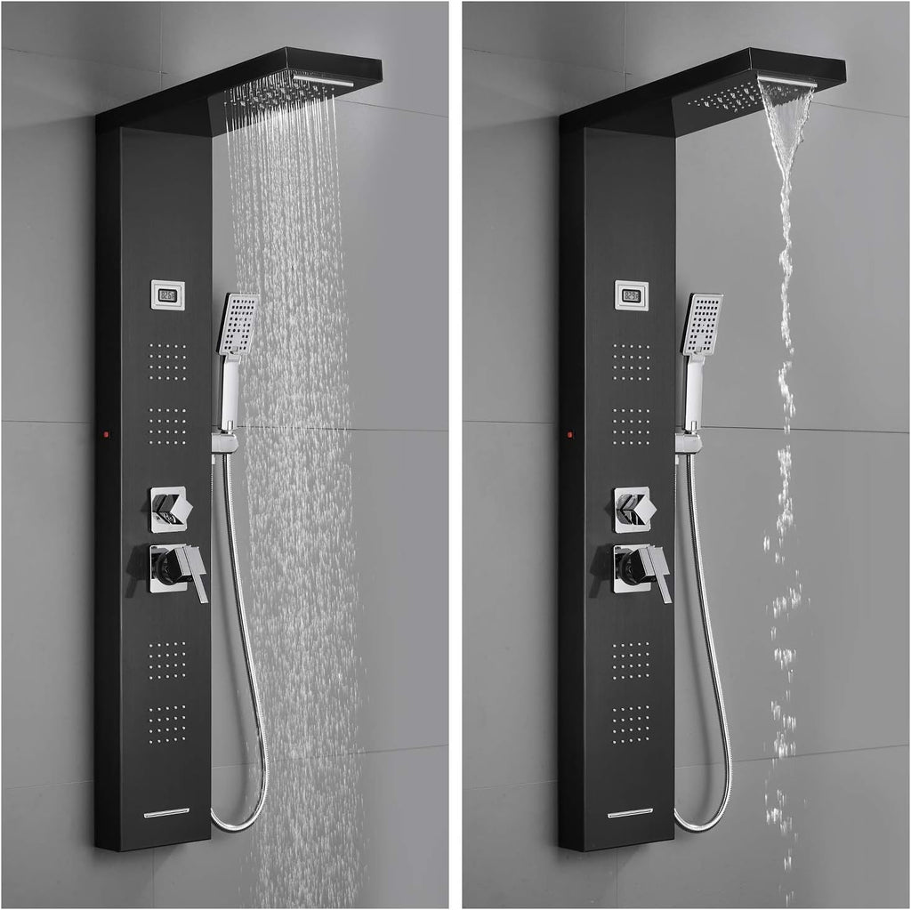 Stainless Steel Shower Panel Tower System with LED Rainfall Shower Head, Handheld Shower Head, 4 Body Jets, Tub Spout, Water Temperature Display N986