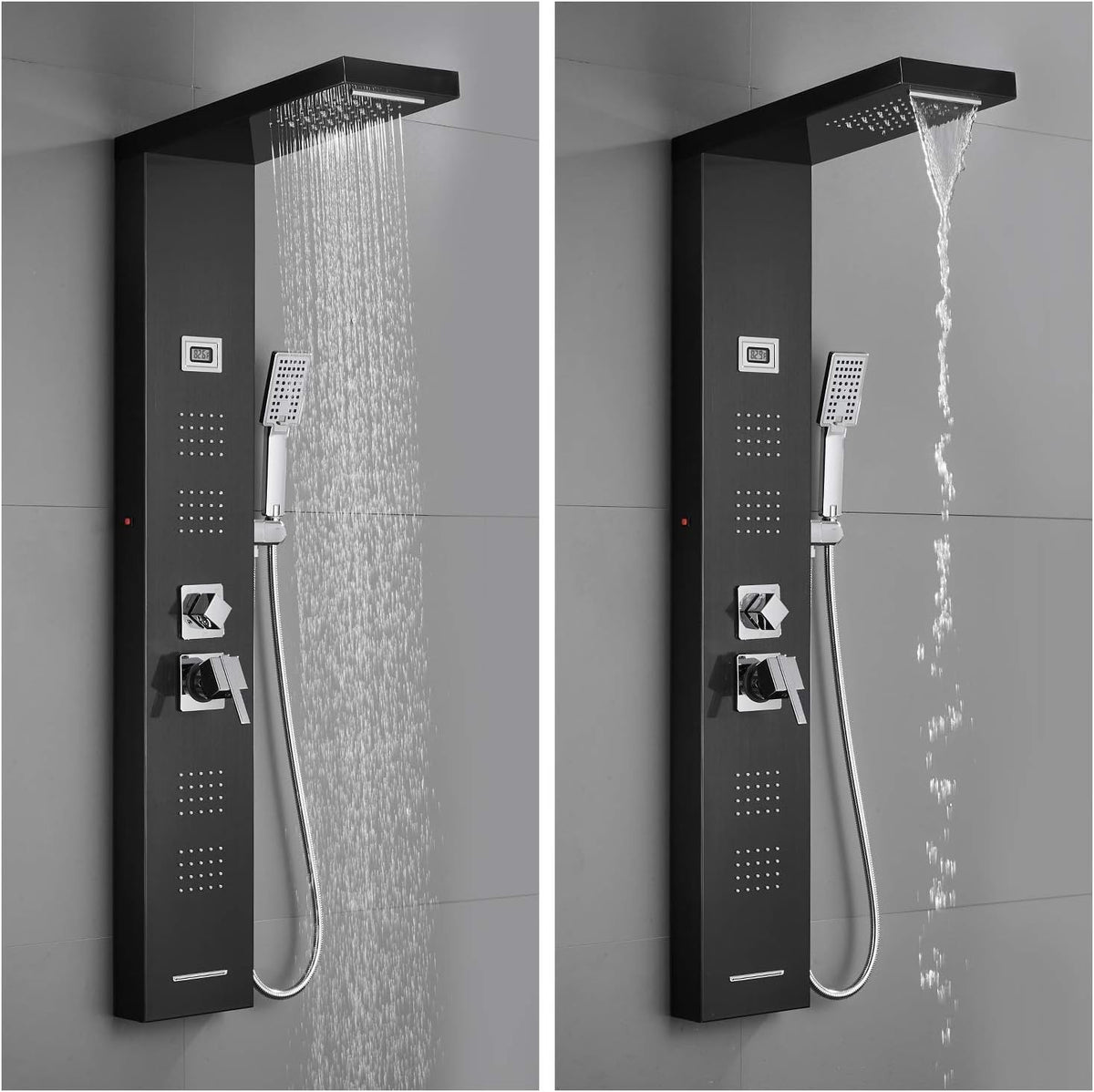 Stainless Steel Shower Panel Tower System with LED Rainfall Shower Head, Handheld Shower Head, 4 Body Jets, Tub Spout, Water Temperature Display N986