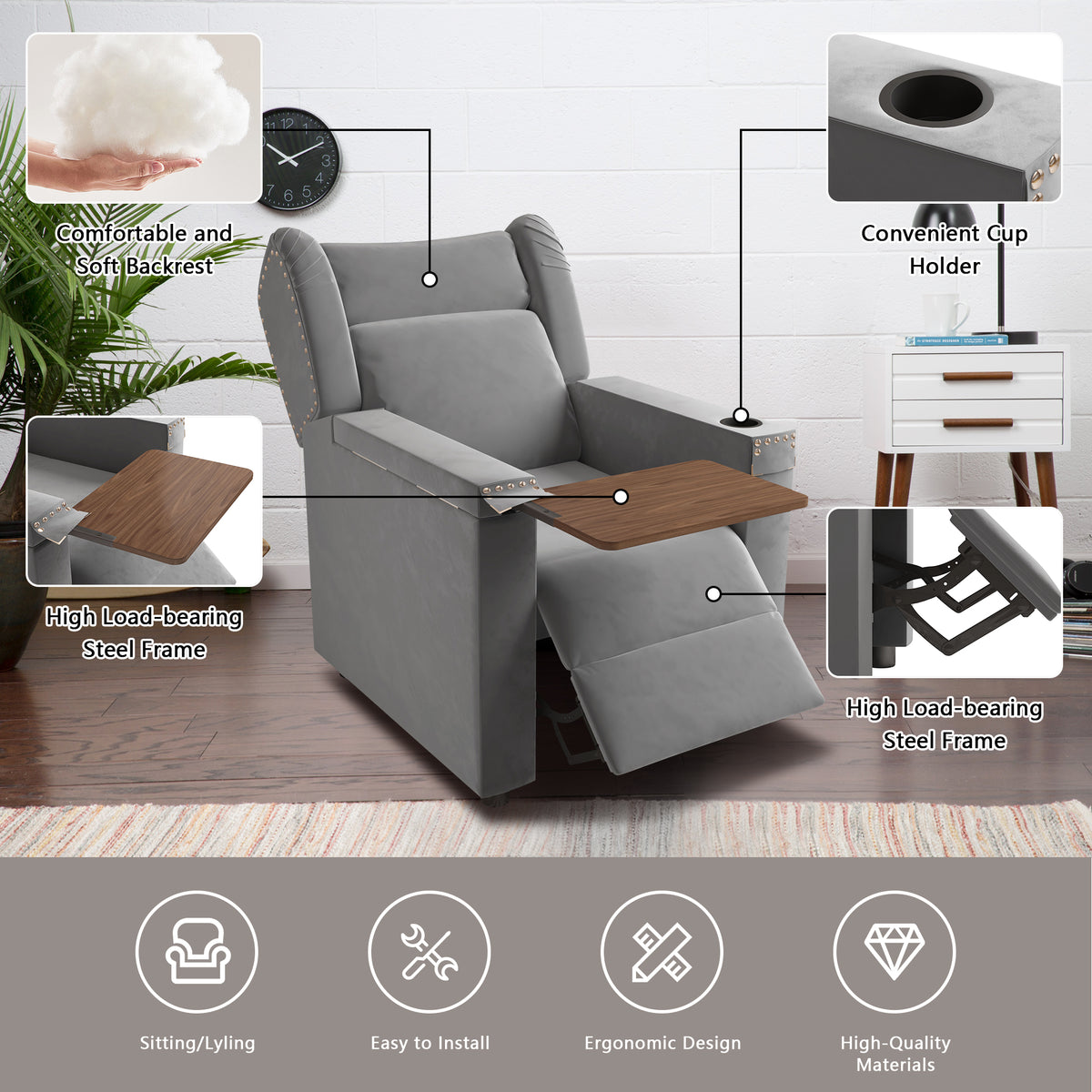 Gray Velvet Recliner Chair with Cup Holder and Table F6759