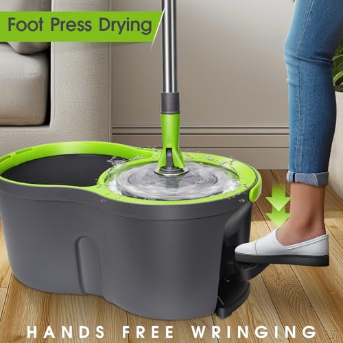 Pedal Spin Mop and Bucket with Wringer Set, 3 Mop Pads F388935