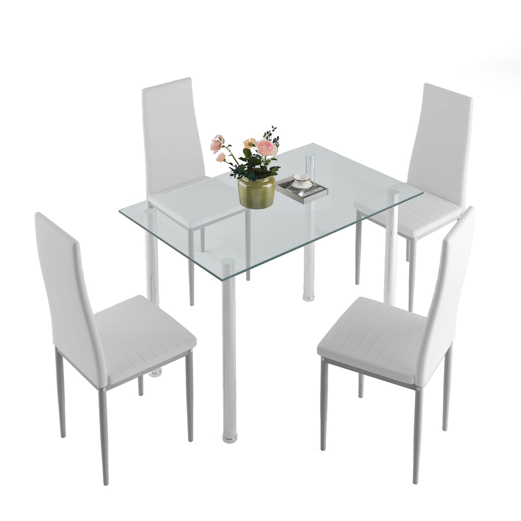 White 5 Pieces Tempered Glass Dining Table Set with 4 Chairs I401