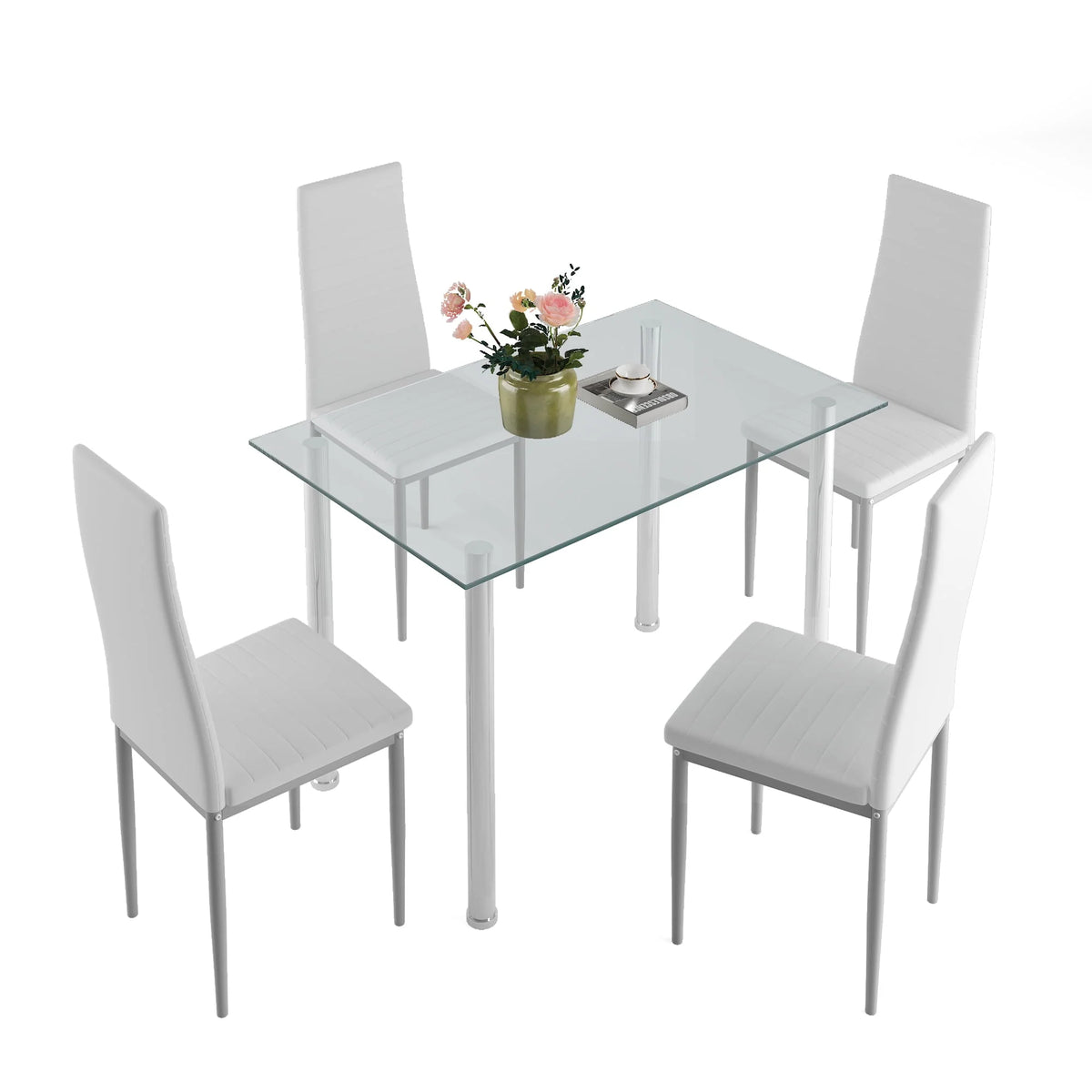 White 5 Pieces Tempered Glass Dining Table Set with 4 Chairs I401