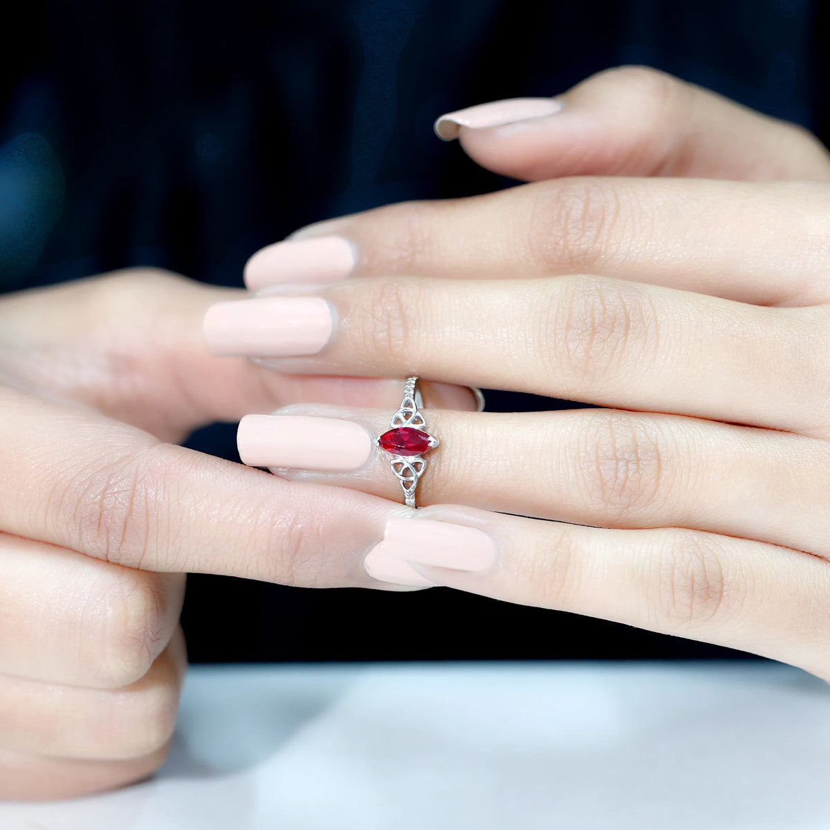 Marquise Shape Lab Grown Ruby Solitaire Ring with Diamond, 925 Sterling Silver, US 4.00 F692248