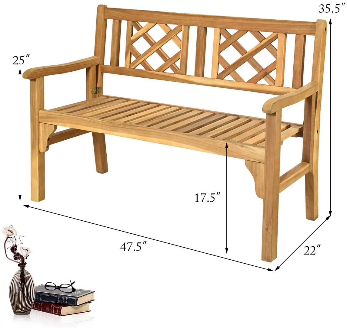4 Ft Foldable Acacia Wood Bench with Backrest and Armrest L554