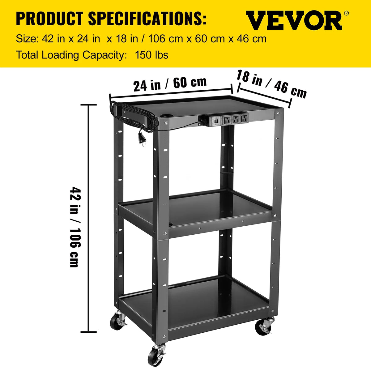 3-Shelf Steel AV Cart with Electric Power Cord J960572