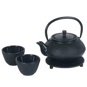 Cast Iron Tea Pot Tea Set Black with Trivet Q119555