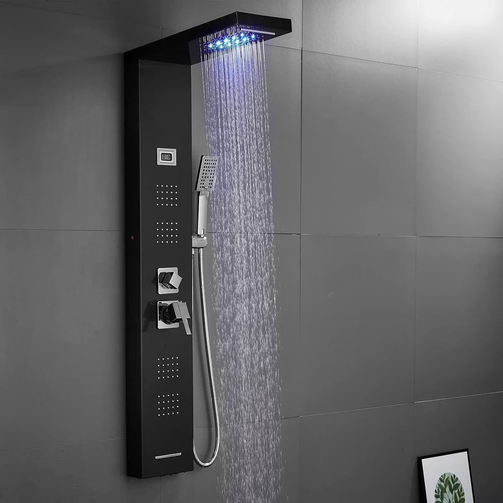 Stainless Steel Shower Panel Tower System with LED Rainfall Shower Head, Handheld Shower Head, 4 Body Jets, Tub Spout, Water Temperature Display N986