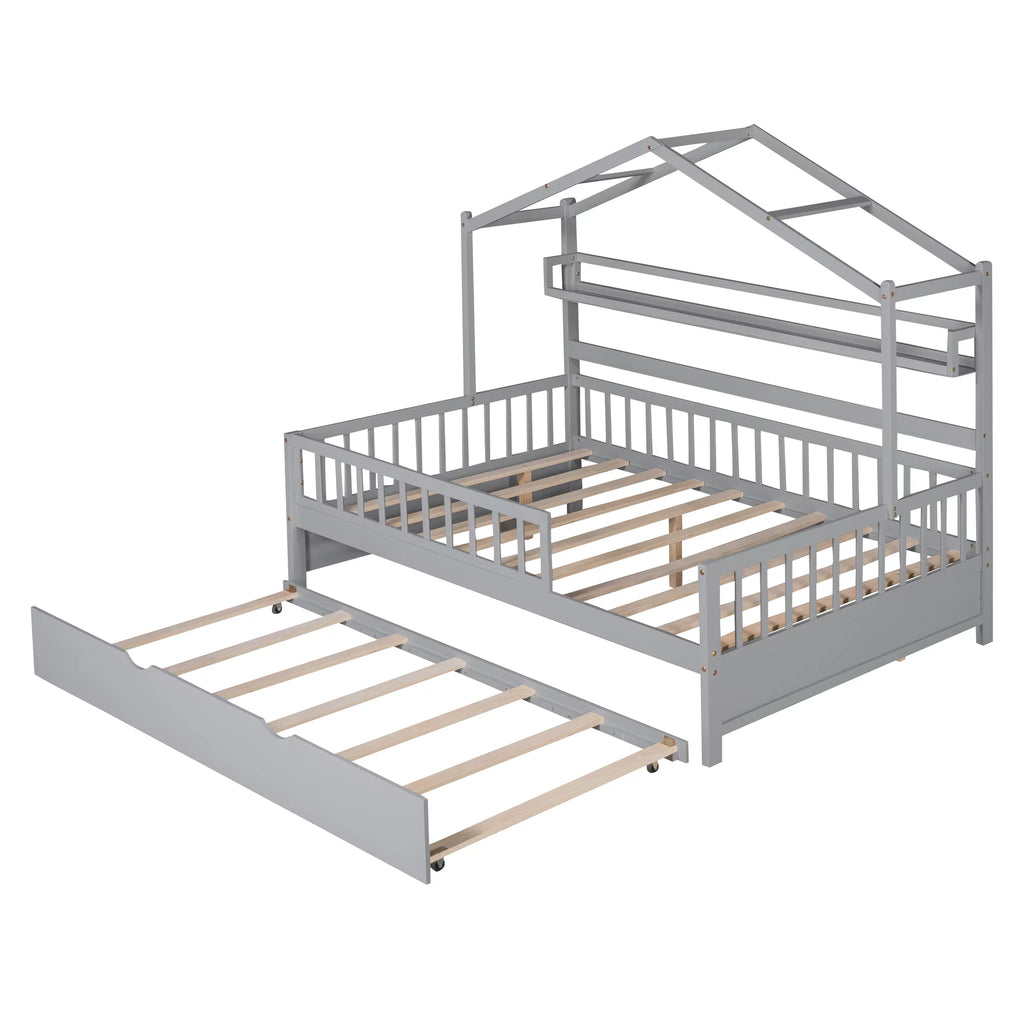 Gray Wood Twin House Bed with Trundle E26958