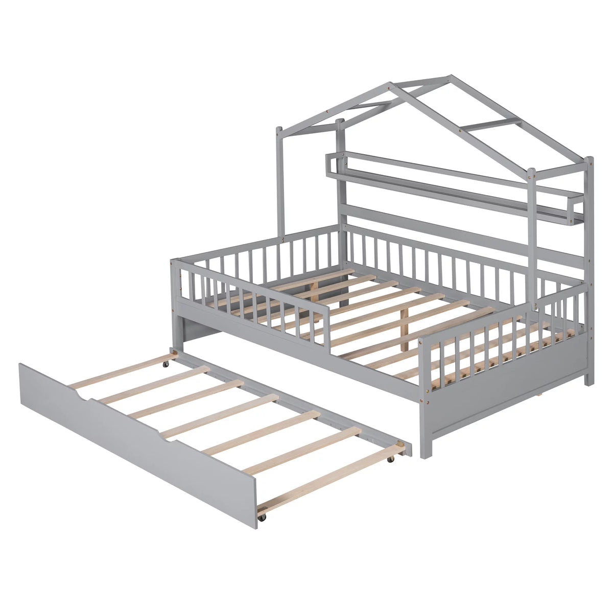 Gray Wood Twin House Bed with Trundle E26958
