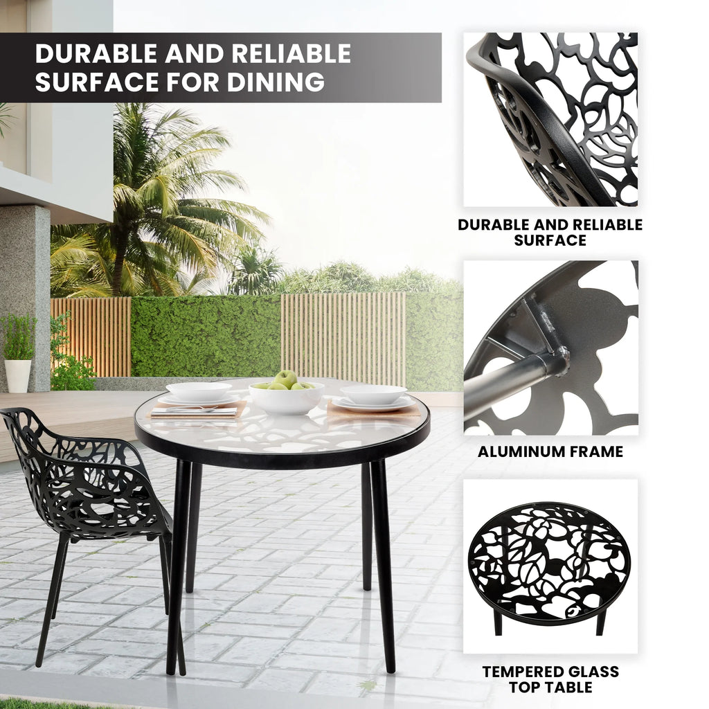 3-Piece Aluminum Outdoor Patio Dining Set with Tempered Glass Table and 2 Arm Chairs Q34168