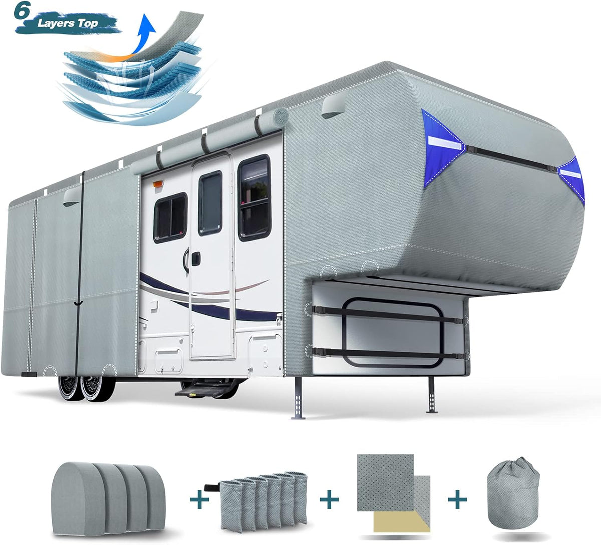 5th Wheel RV Trailer Cover with 4 Tire Covers & Windproof Straps C29544