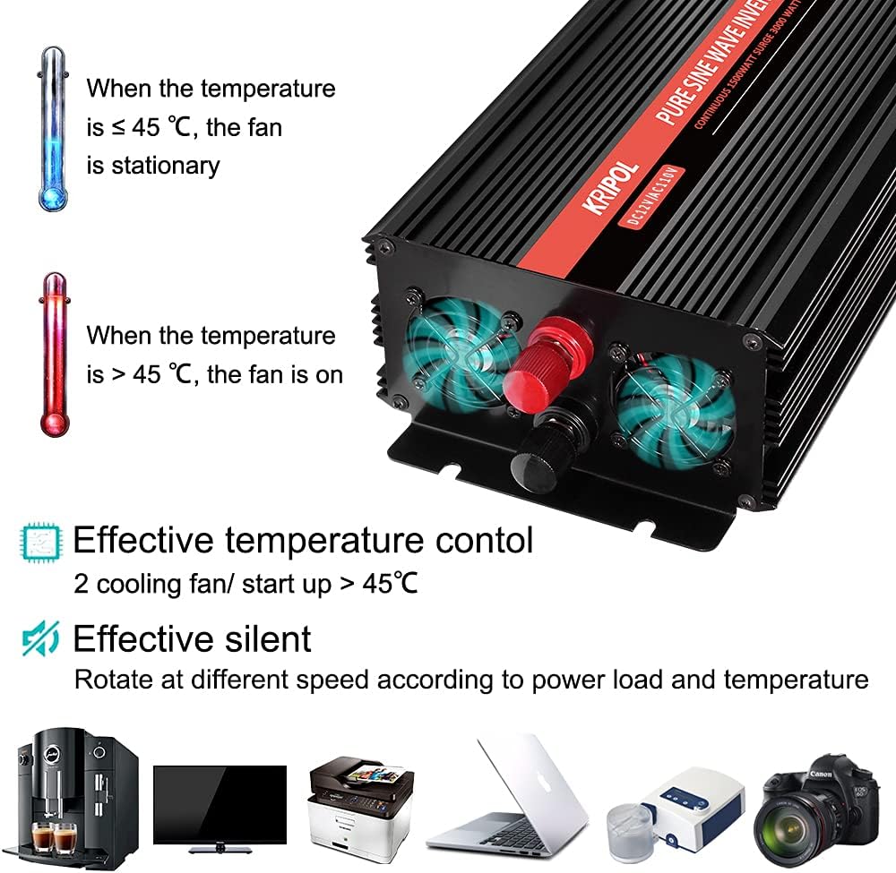 2000 Watt Pure Sine Wave Power Inverter 12V DC to 110V AC with 4 AC Outlets and USB Output Y6033