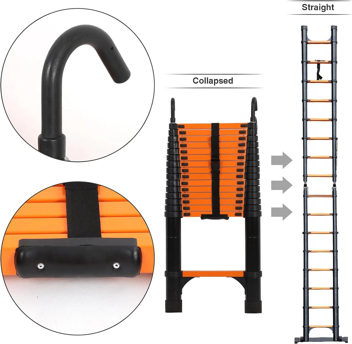 Telescoping Ladder 10.5 FT Aluminum with 2 Detachable Roof Hooks and 2 Triangle Stabilizers E7220