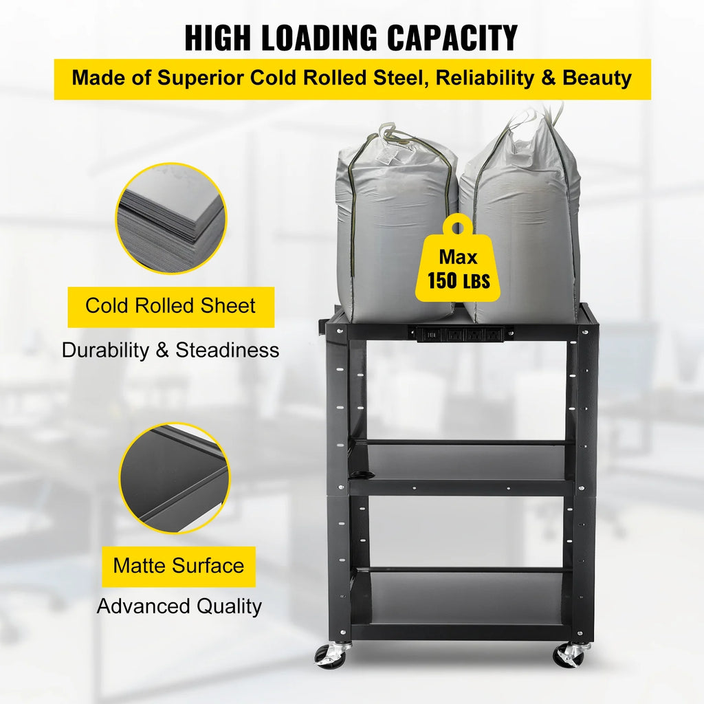 3-Shelf Steel AV Cart with Electric Power Cord J960572